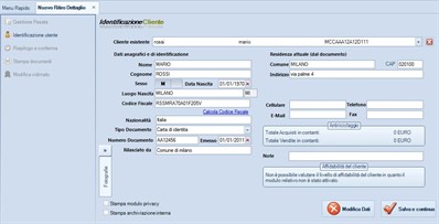 Dati del cliente che cede i preziosi Dati del cliente che cede i preziosi