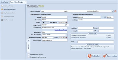 Dati del cliente che cede i preziosi